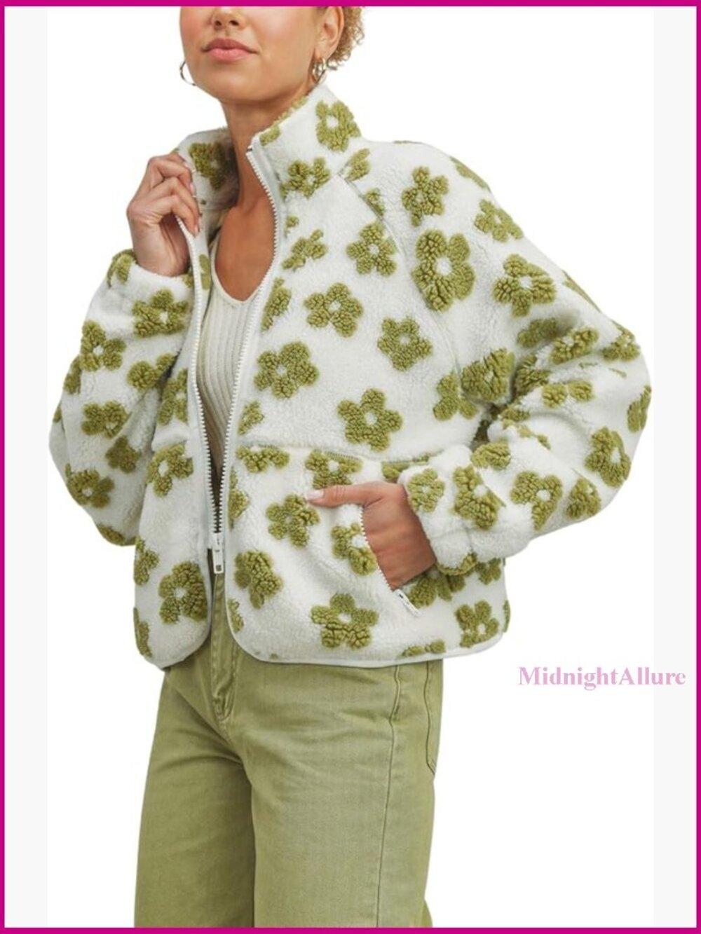 Women's Floral Fleece Jacket Faux Fur Sherpa Zip Up Winter Coat